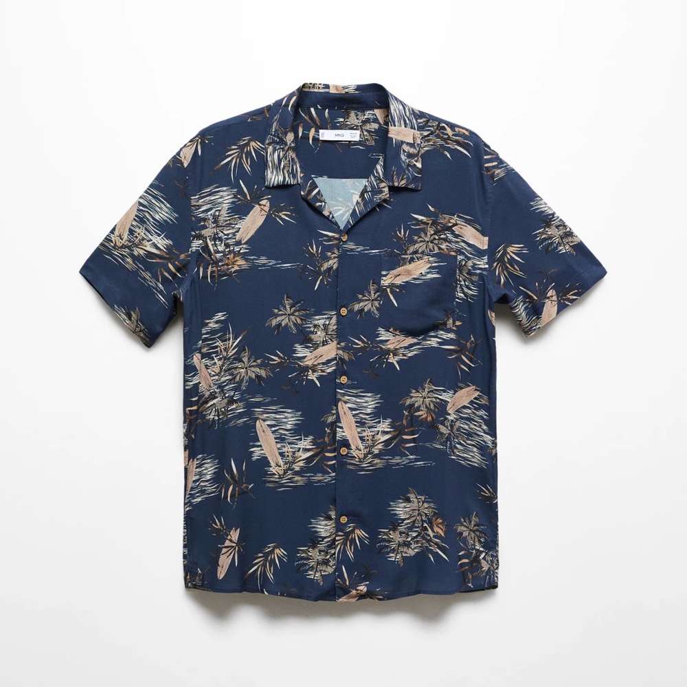 Mango Navy Tropical Print Men's Shirt - Large